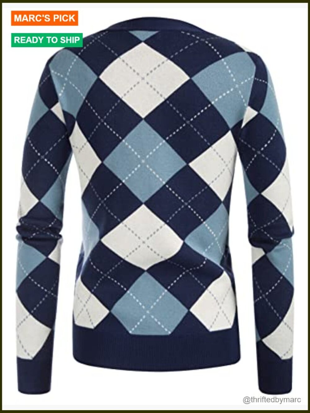 Long Sleeve Argyle V-Neck Button Up Cardigan Sweater Preppy - Picture 4 of 7